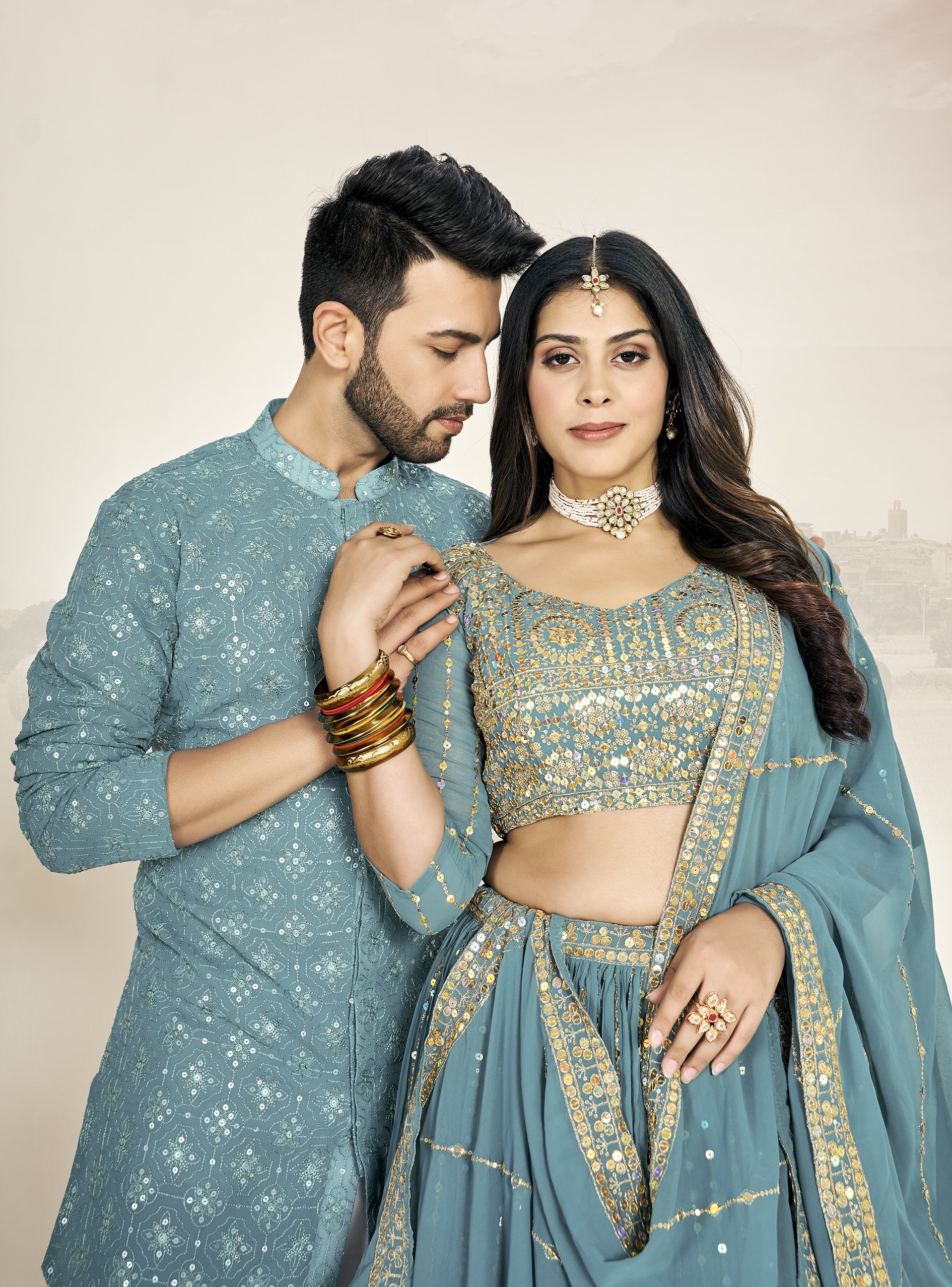 Light Blue Georgette Embroidered Wedding Wear Couple Wear Set