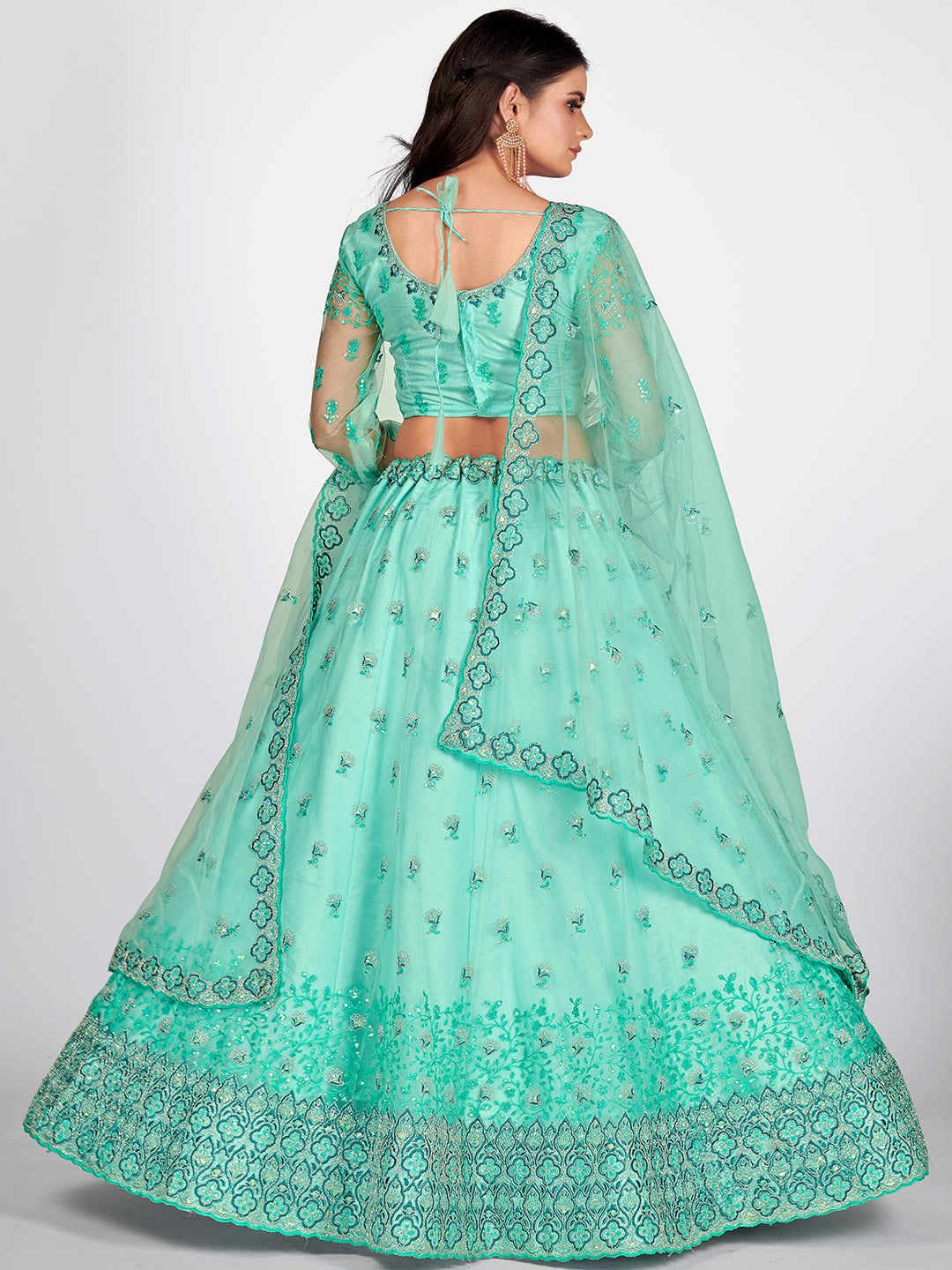 Most Famous Turquoise Blue and Green Embroidered Sangeet Special Lehenga and Blouse With Dupatta