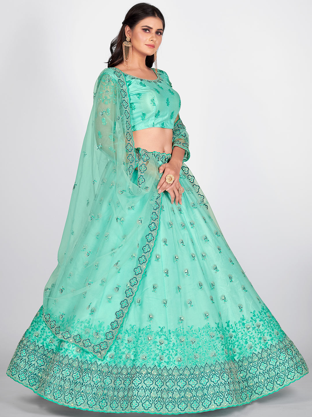 Most Famous Turquoise Blue and Green Embroidered Sangeet Special Lehenga and Blouse With Dupatta