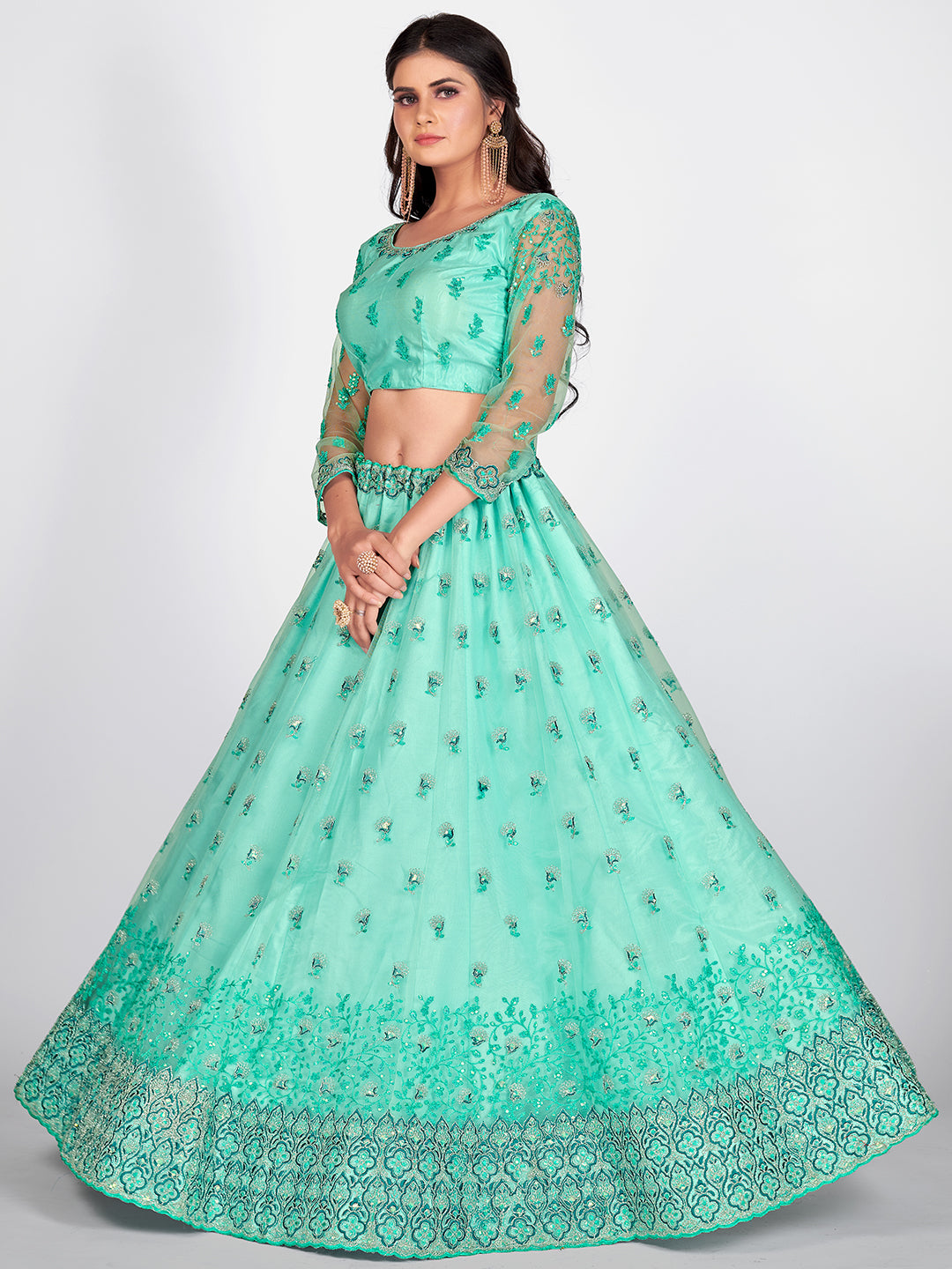 Most Famous Turquoise Blue and Green Embroidered Sangeet Special Lehenga and Blouse With Dupatta