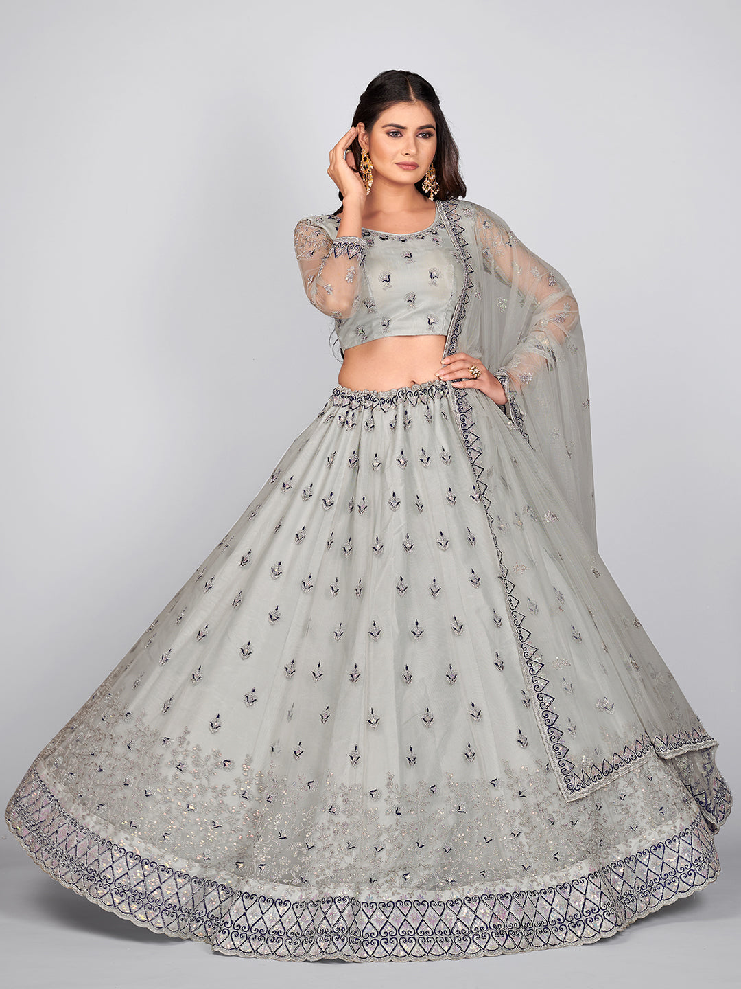 Latest Women Grey Sequins Sangeet Special Lehenga and Blouse With Dupatta