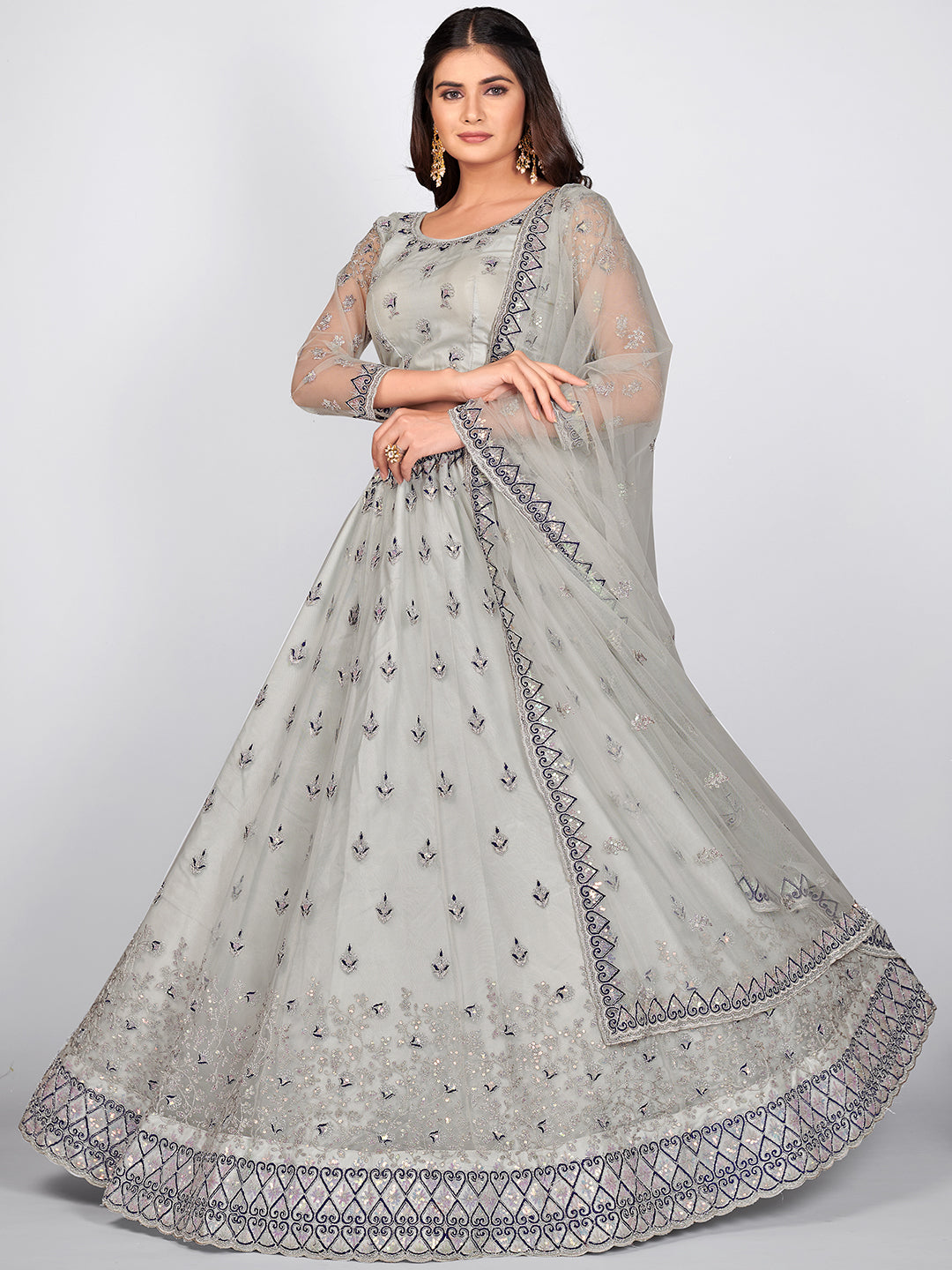 Latest Women Grey Sequins Sangeet Special Lehenga and Blouse With Dupatta