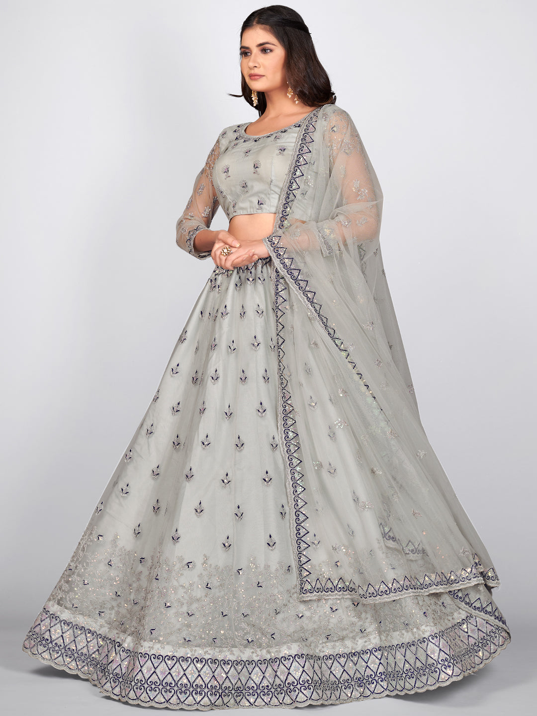 Latest Women Grey Sequins Sangeet Special Lehenga and Blouse With Dupatta