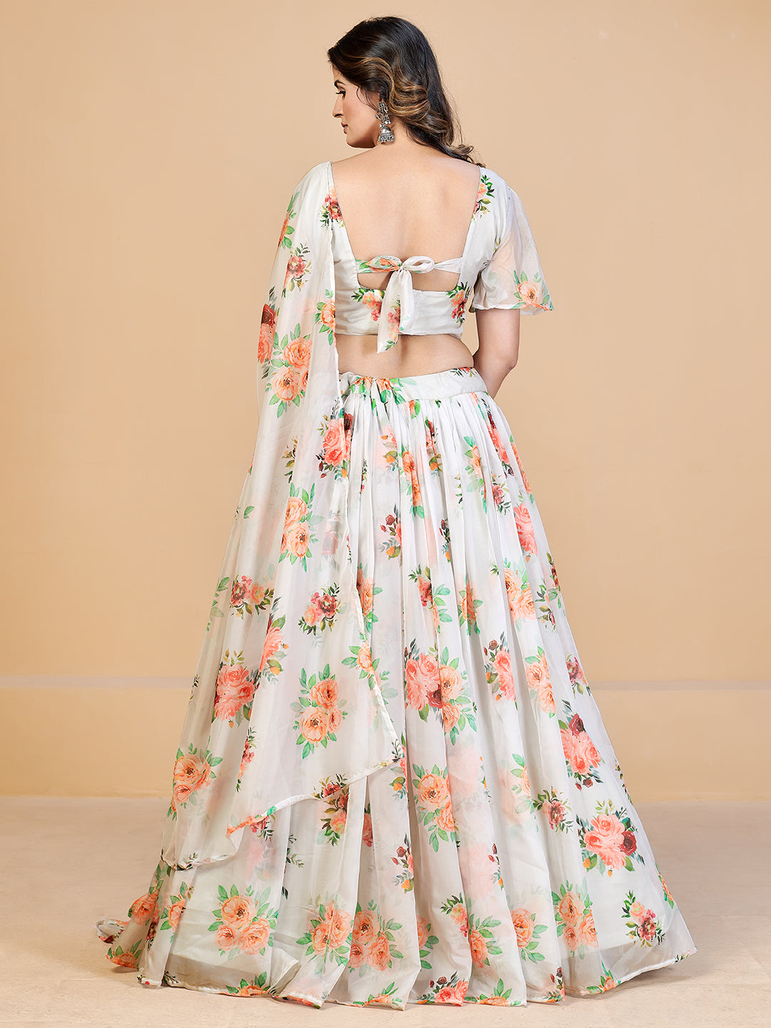 White  Orange Printed Semi-Stitched Lehenga  Unstitched Blouse With Dupatta