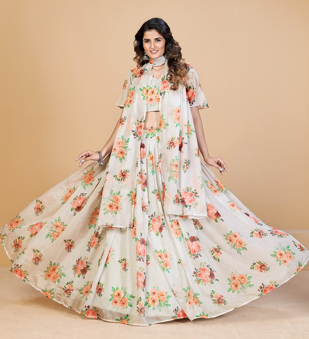 White  Orange Printed Semi-Stitched Lehenga  Unstitched Blouse With Dupatta