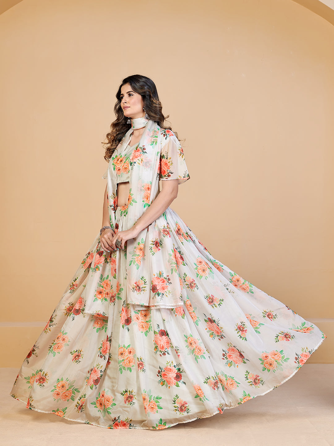 White  Orange Printed Semi-Stitched Lehenga  Unstitched Blouse With Dupatta