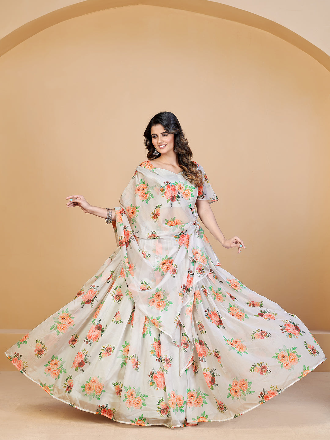 White  Orange Printed Semi-Stitched Lehenga  Unstitched Blouse With Dupatta