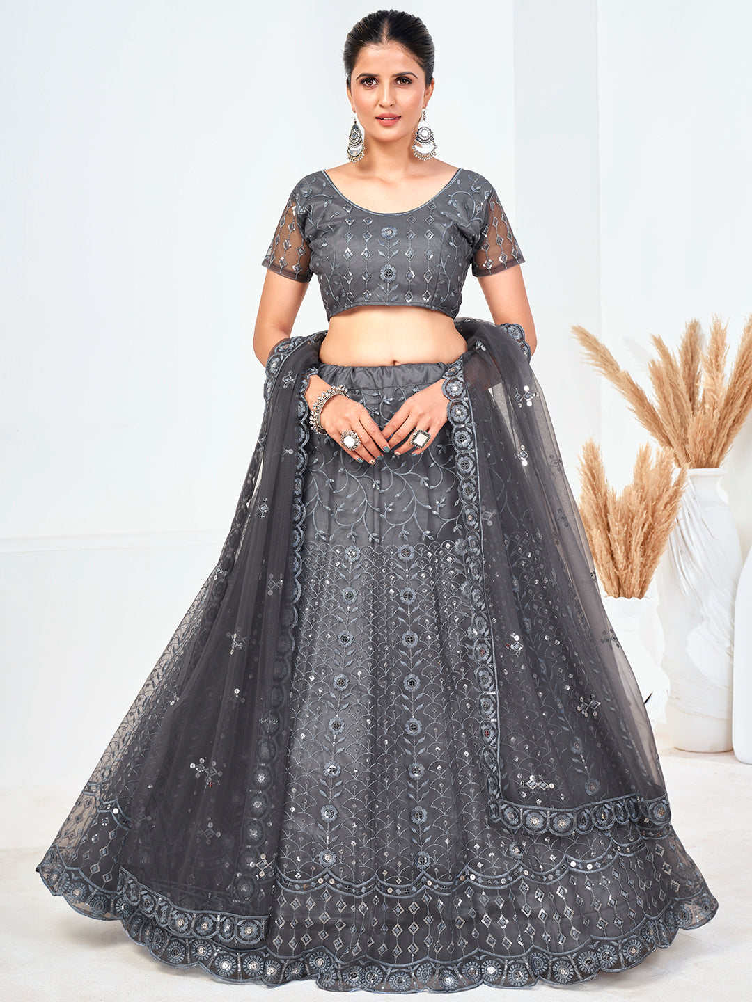 Grey Sequins Embroidered Soft Net Festival Special Lehenga Choli