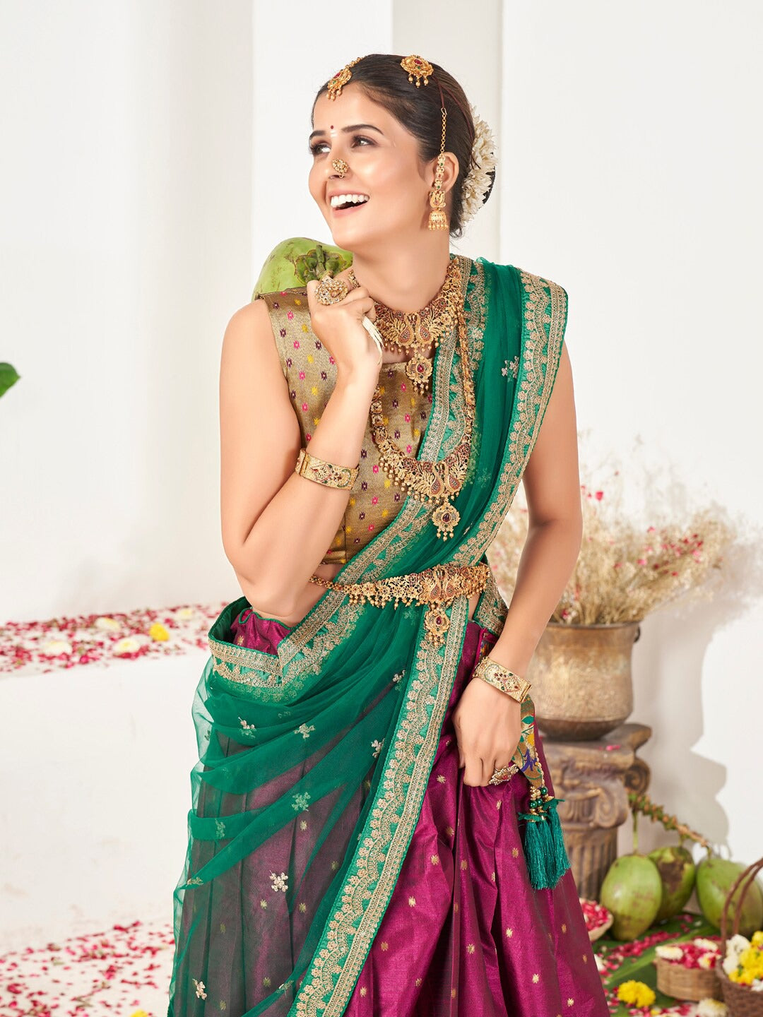 Pink & Green Semi-Stitched Lehenga & Unstitched Blouse With Dupatta