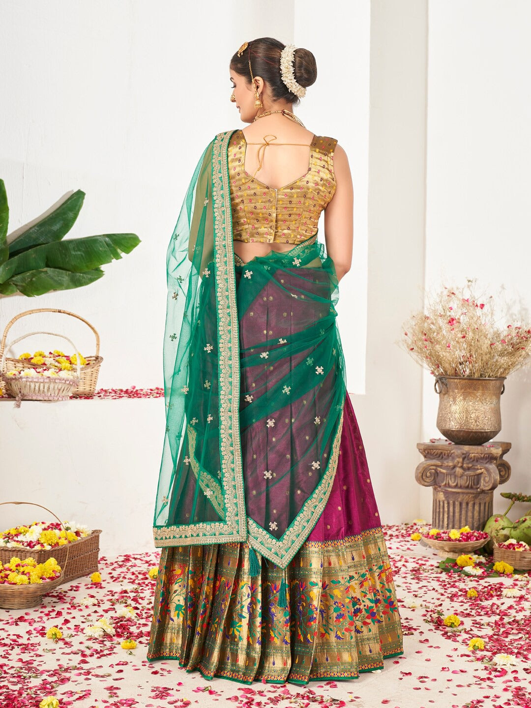 Pink & Green Semi-Stitched Lehenga & Unstitched Blouse With Dupatta