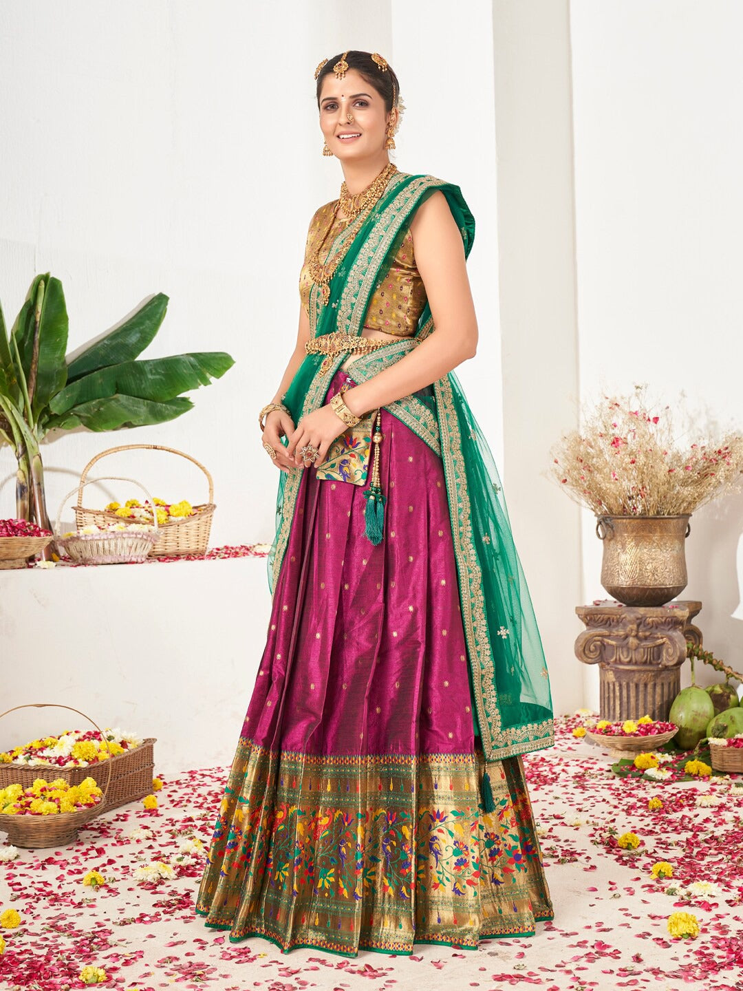 Pink & Green Semi-Stitched Lehenga & Unstitched Blouse With Dupatta