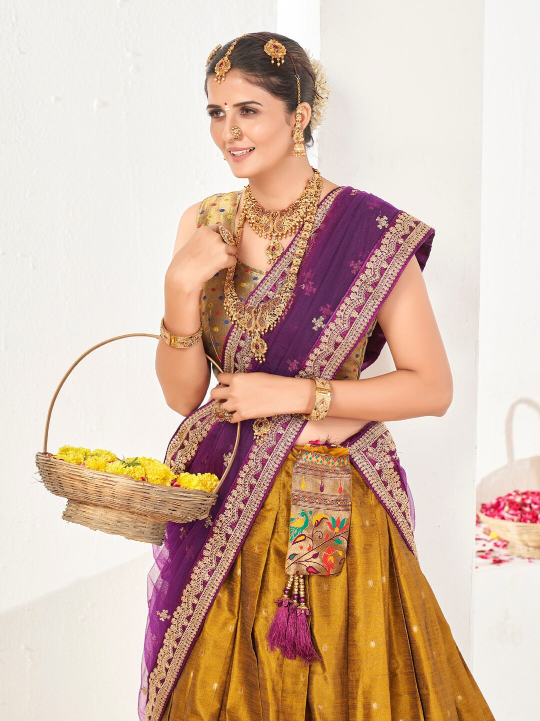 Mustard & Purple Semi-Stitched Lehenga & Unstitched Blouse With Dupatta