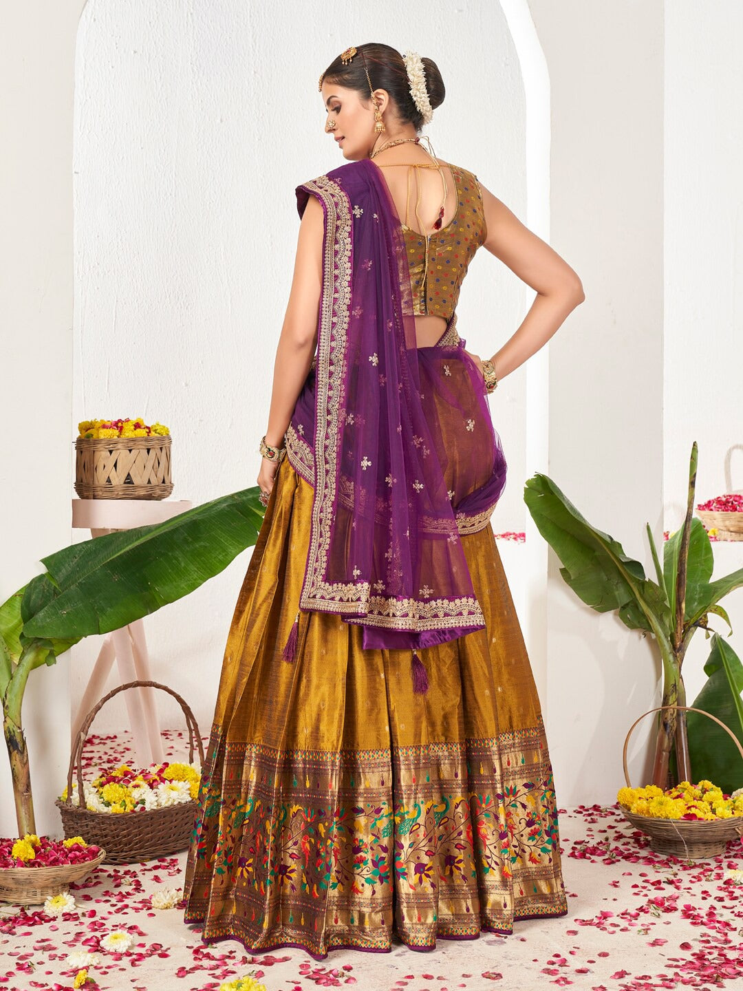 Mustard & Purple Semi-Stitched Lehenga & Unstitched Blouse With Dupatta