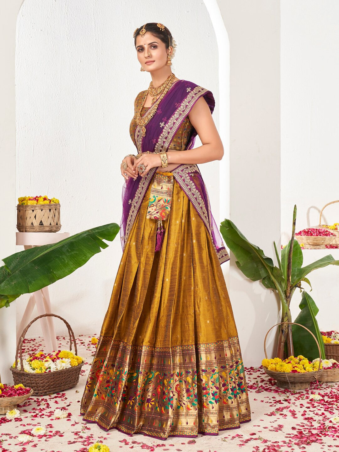 Mustard & Purple Semi-Stitched Lehenga & Unstitched Blouse With Dupatta