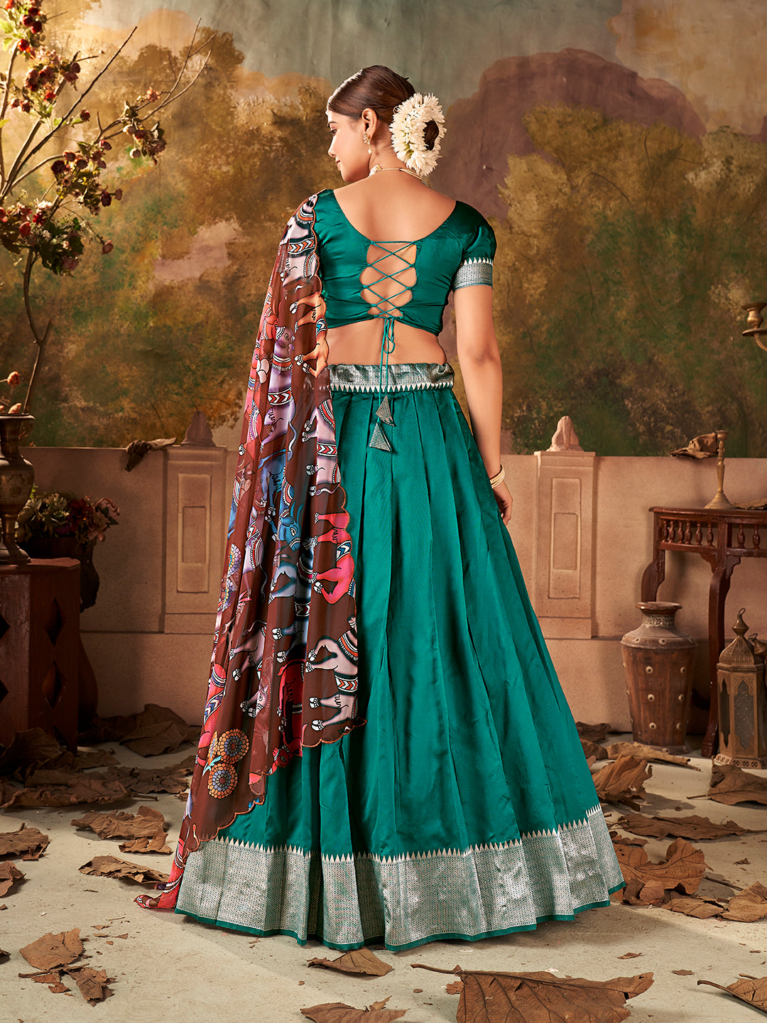 Teal Green Banarasi Silk Zari Bordered Lehenga Choli