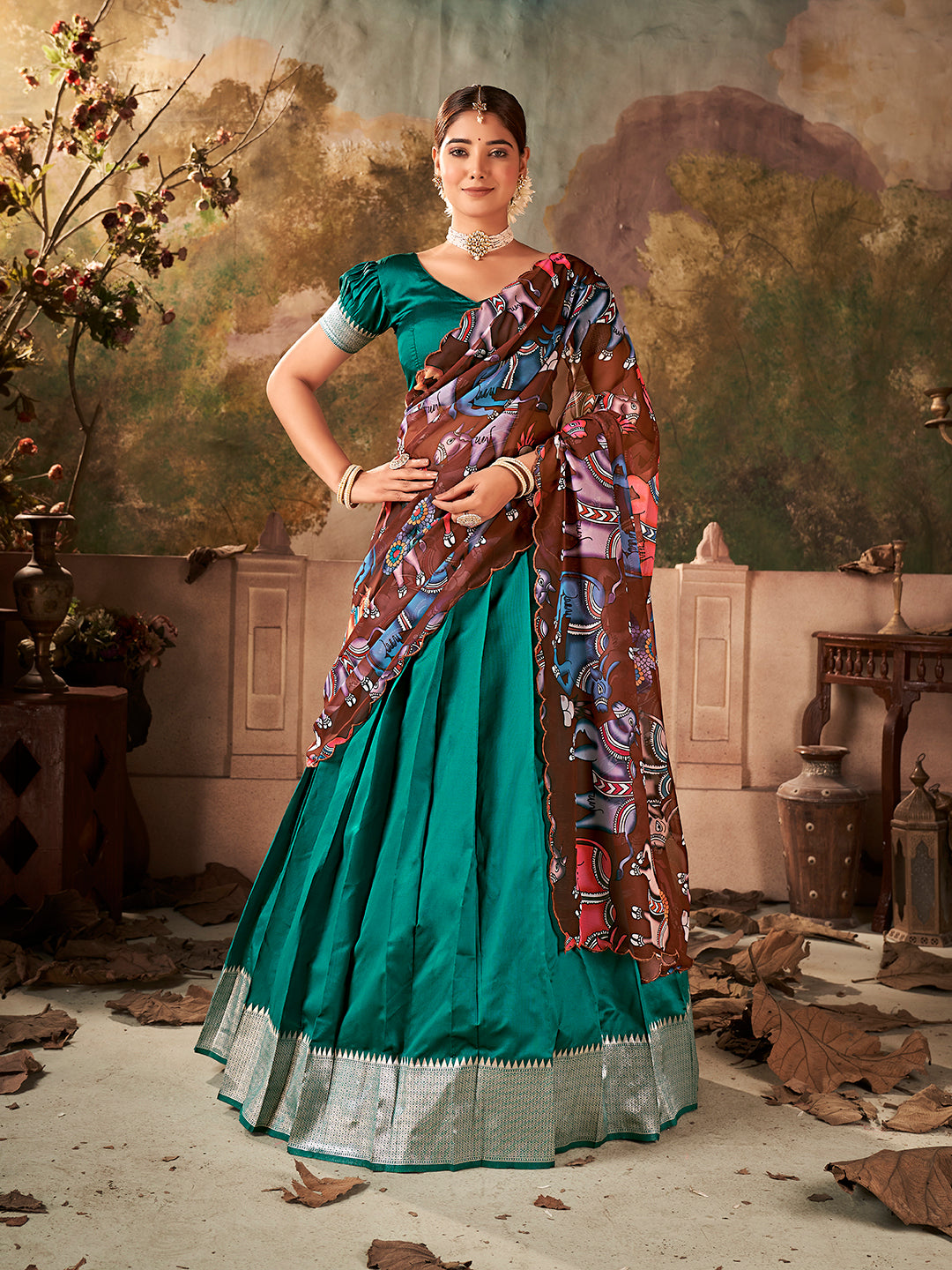 Teal Green Banarasi Silk Zari Bordered Lehenga Choli