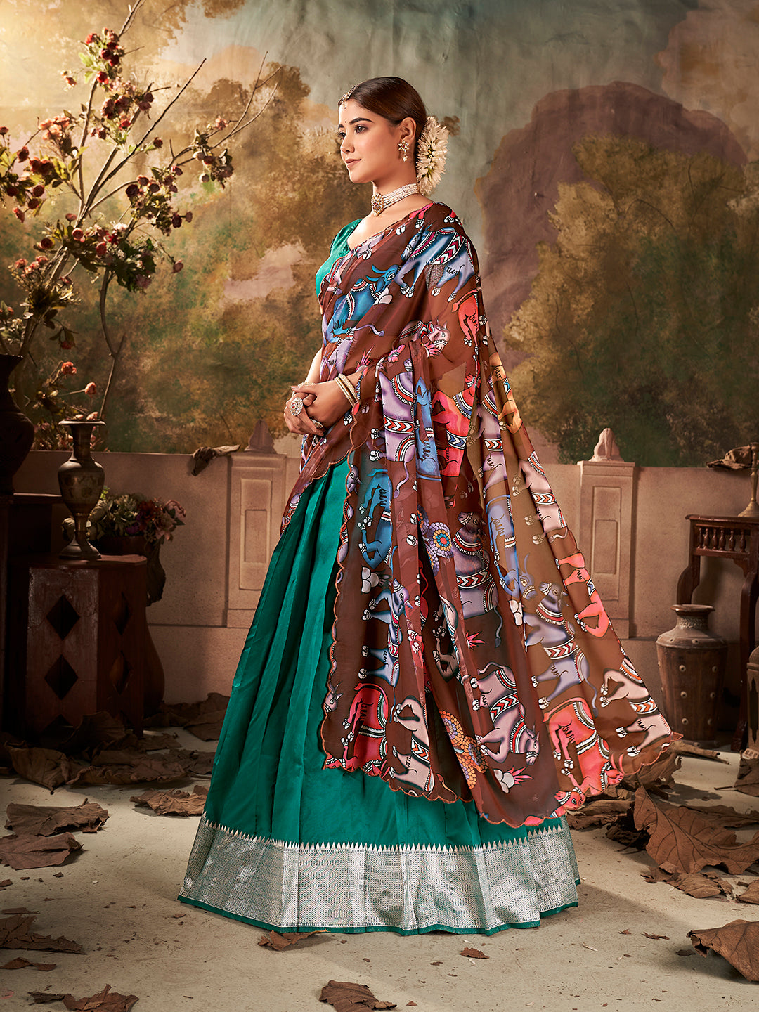 Teal Green Banarasi Silk Zari Bordered Lehenga Choli