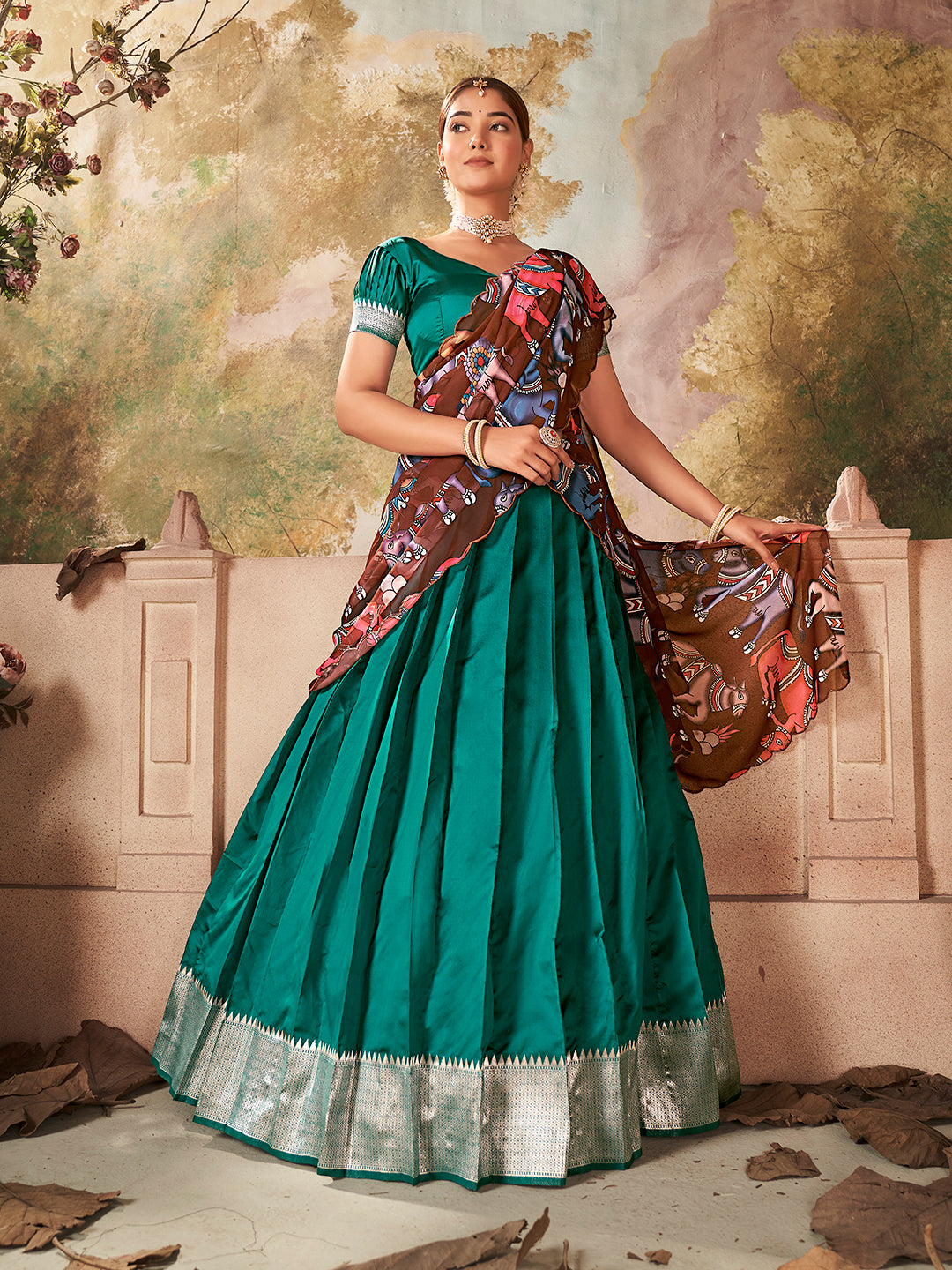 Teal Green Banarasi Silk Zari Bordered Lehenga Choli