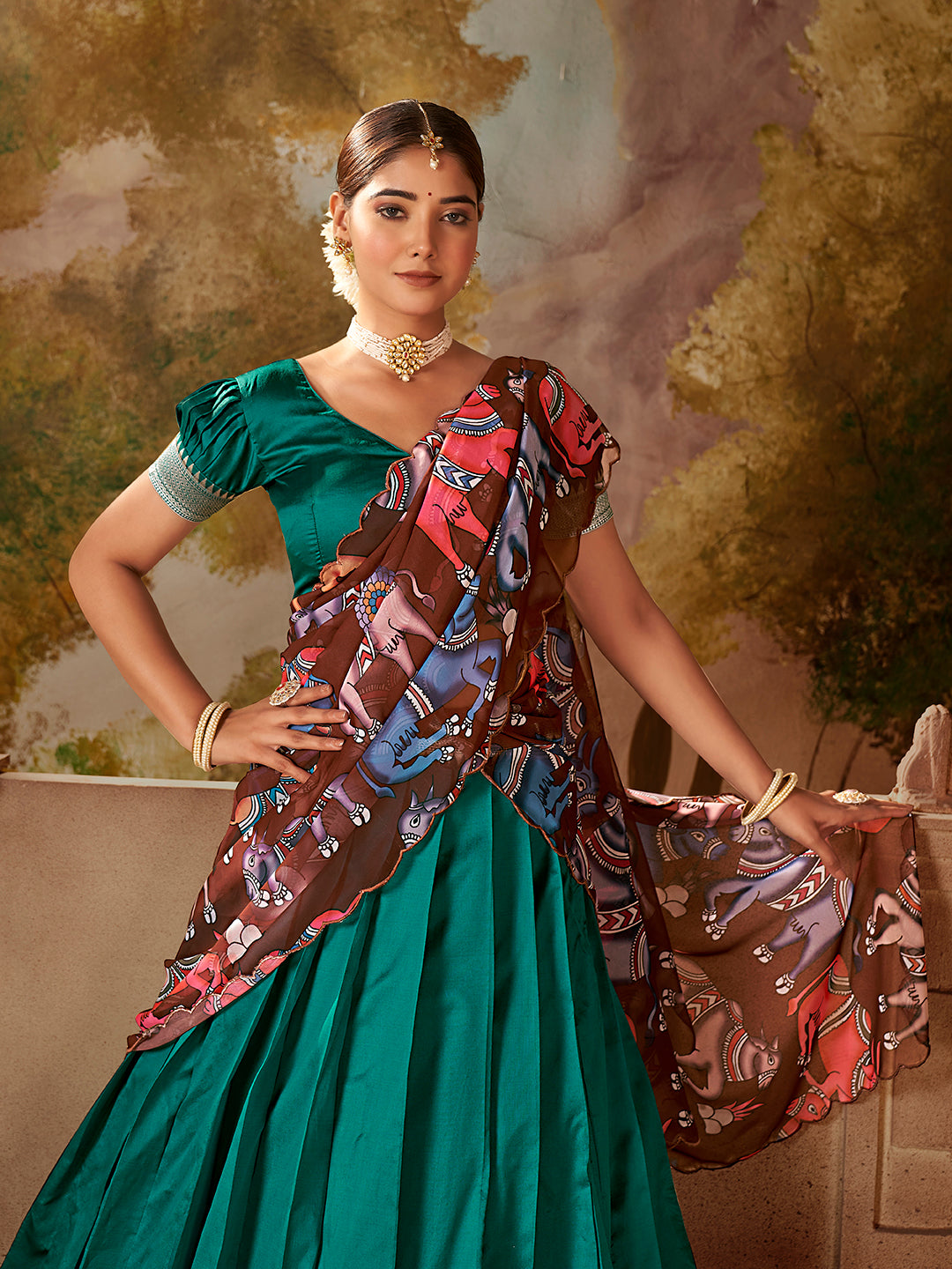 Teal Green Banarasi Silk Zari Bordered Lehenga Choli