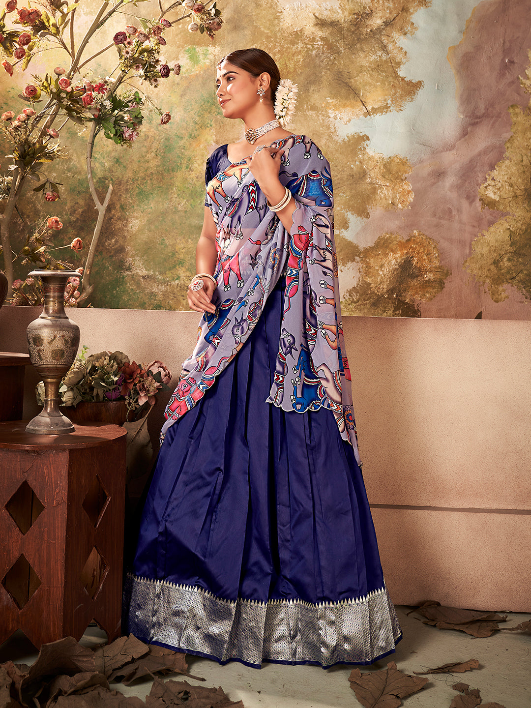 Navy Blue Banarasi Silk Zari Bordered Lehenga Choli