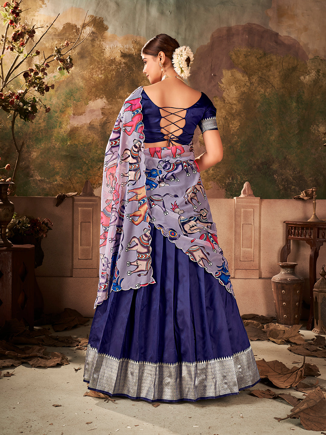 Navy Blue Banarasi Silk Zari Bordered Lehenga Choli