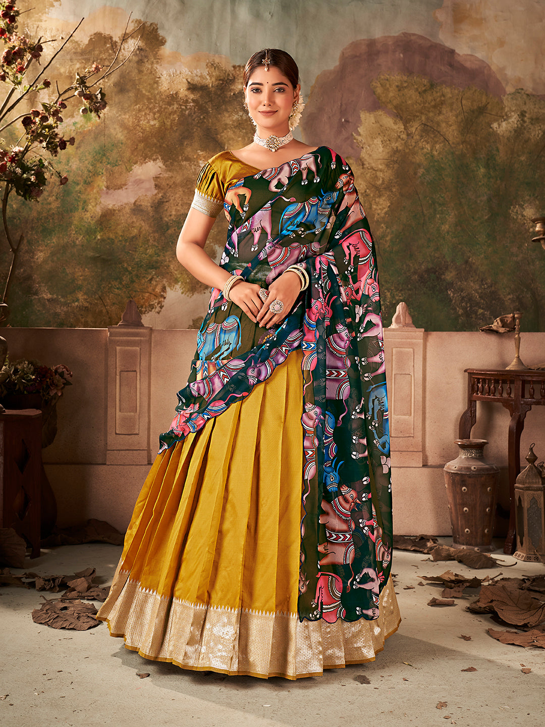 Mustard Yellow Banarasi Silk Zari Bordered Lehenga Choli