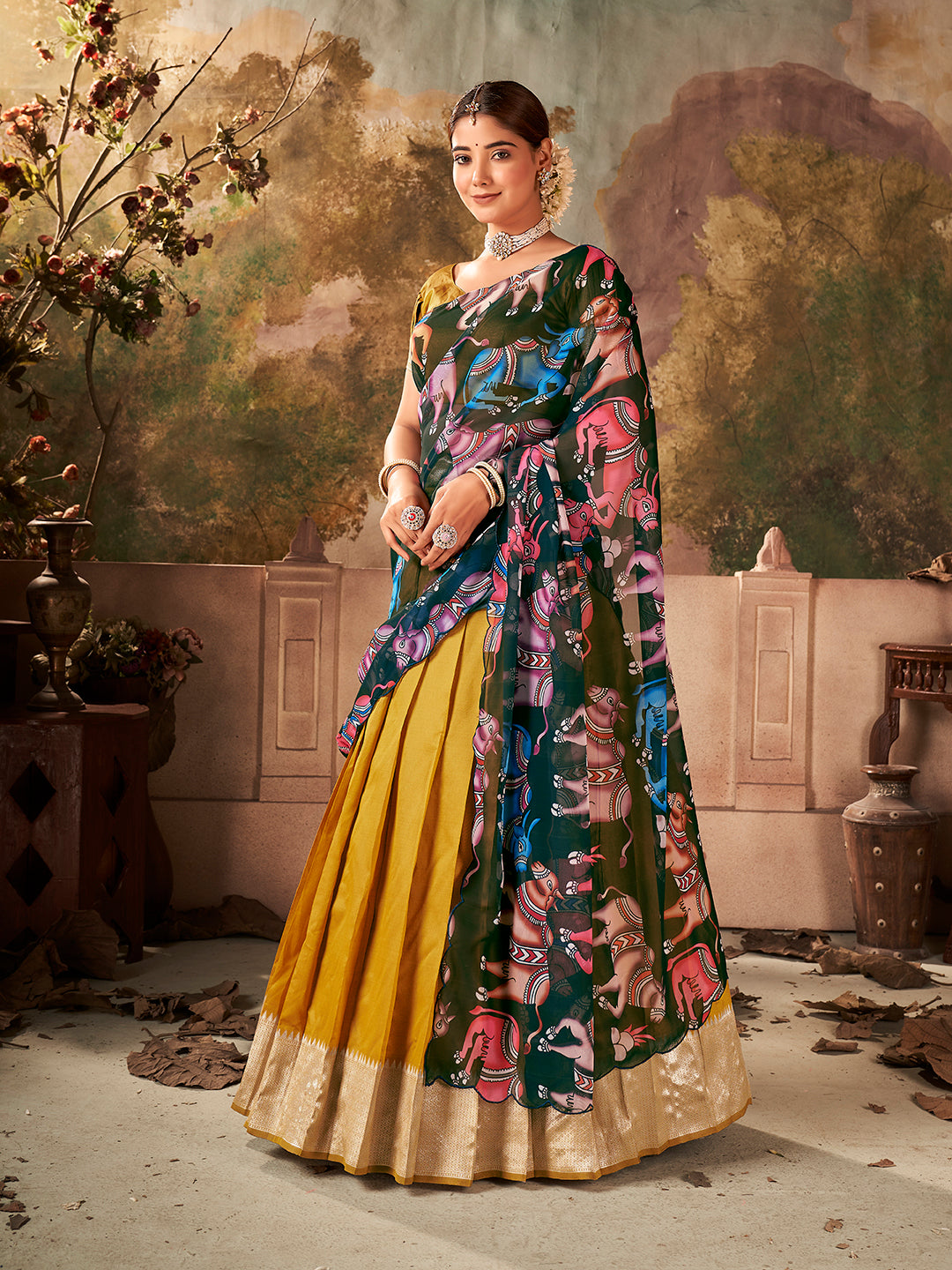 Mustard Yellow Banarasi Silk Zari Bordered Lehenga Choli