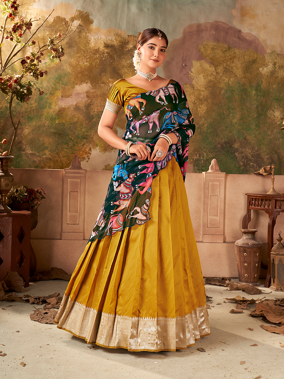 Mustard Yellow Banarasi Silk Zari Bordered Lehenga Choli