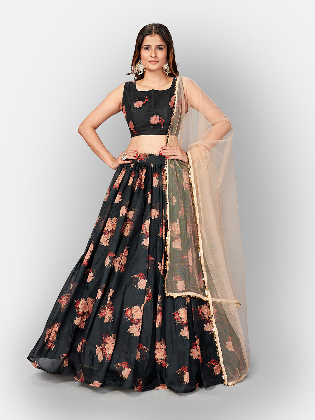 Black Printed Semi-Stitched Lehenga  Unstitched Blouse With Dupatta