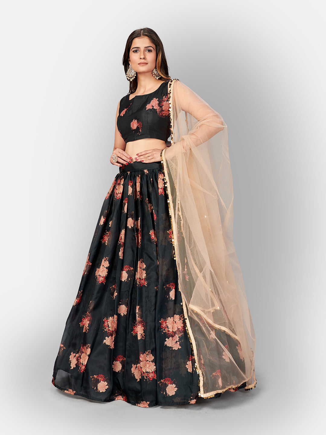 Black Printed Semi-Stitched Lehenga  Unstitched Blouse With Dupatta