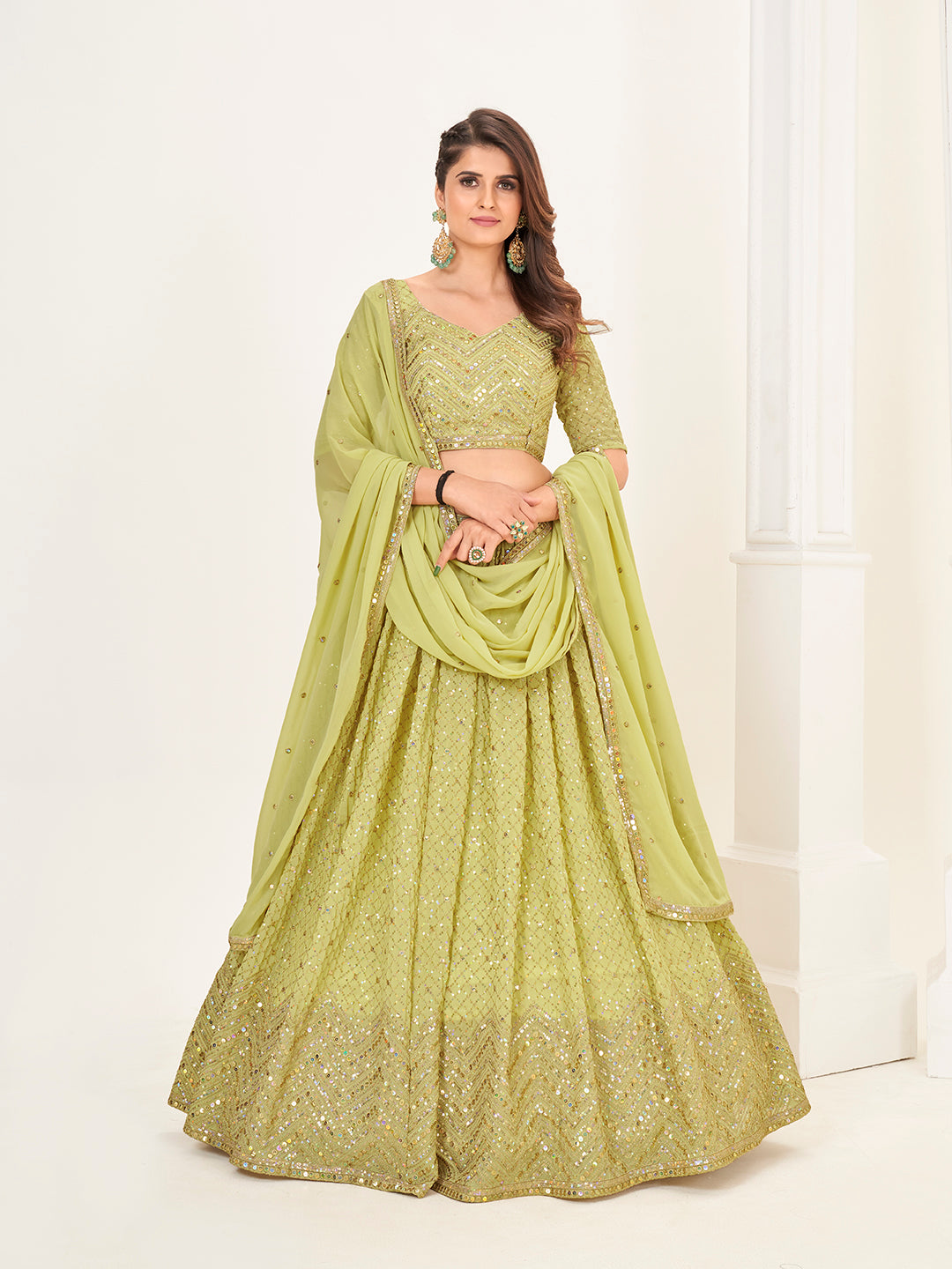 Lime Yellow Georgette Embroidered Wedding Lehenga Choli