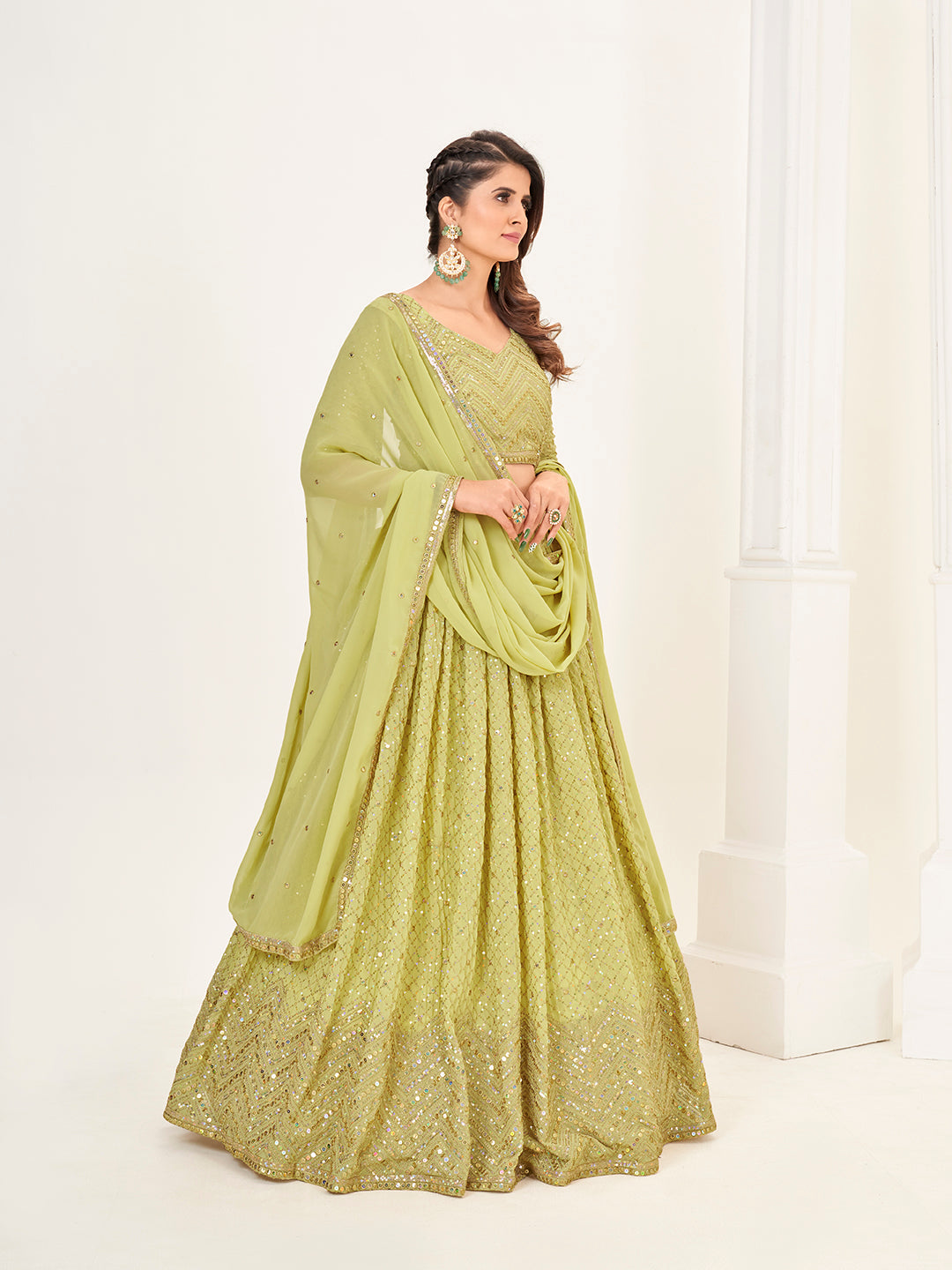 Lime Yellow Georgette Embroidered Wedding Lehenga Choli