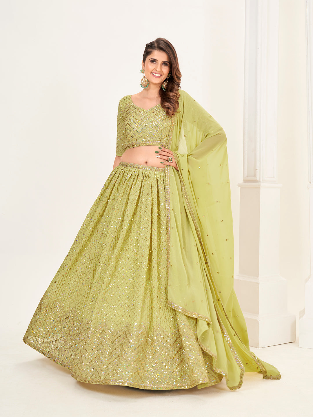 Lime Yellow Georgette Embroidered Wedding Lehenga Choli