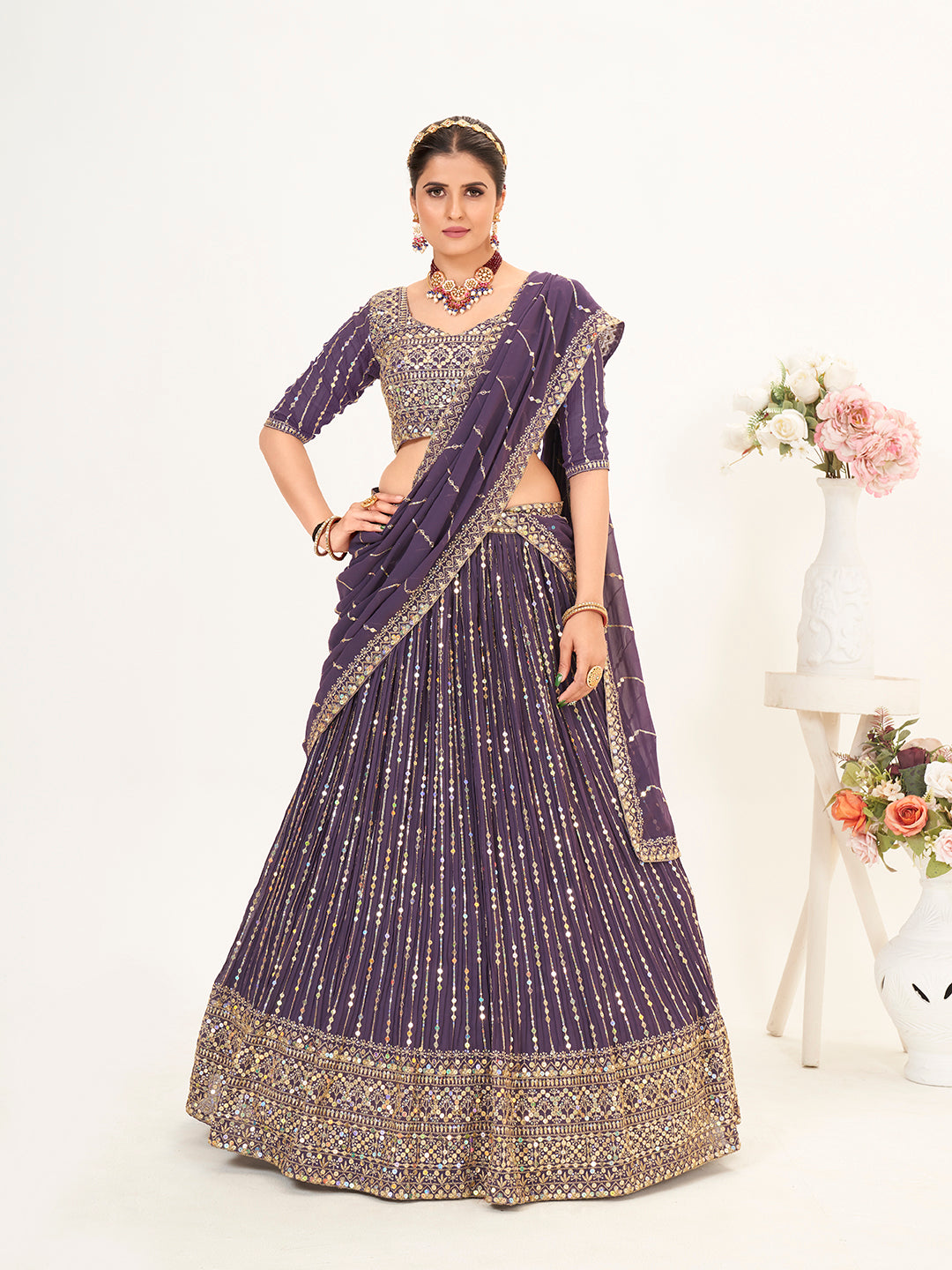 Purple Georgette Embroidered Wedding Lehenga Choli