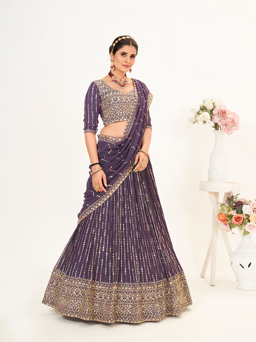 Purple Georgette Embroidered Wedding Lehenga Choli