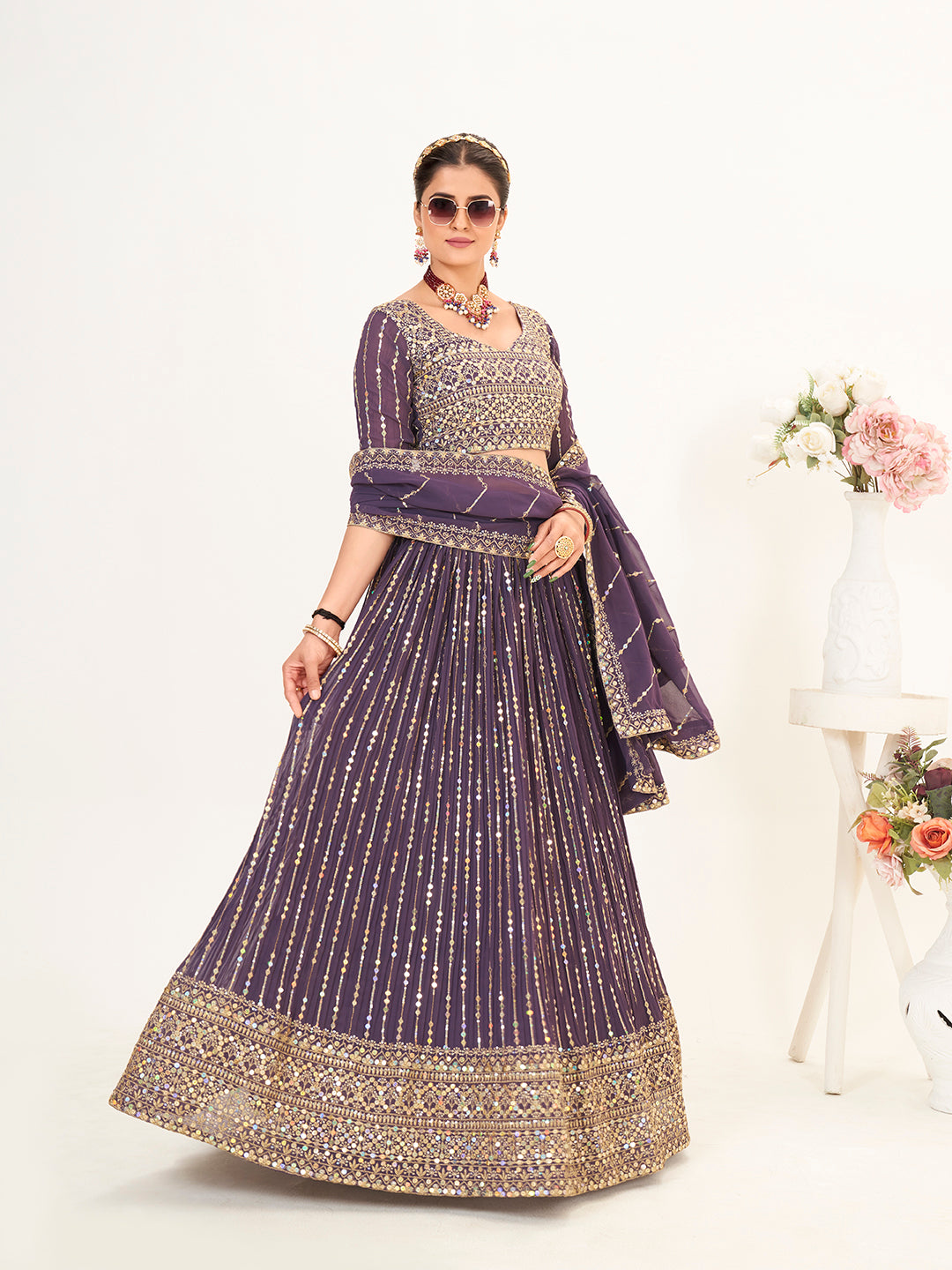 Purple Georgette Embroidered Wedding Lehenga Choli