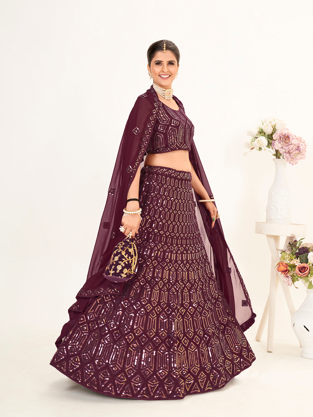 Fancy Purple Georgette Embroidered Wedding Lehenga Choli