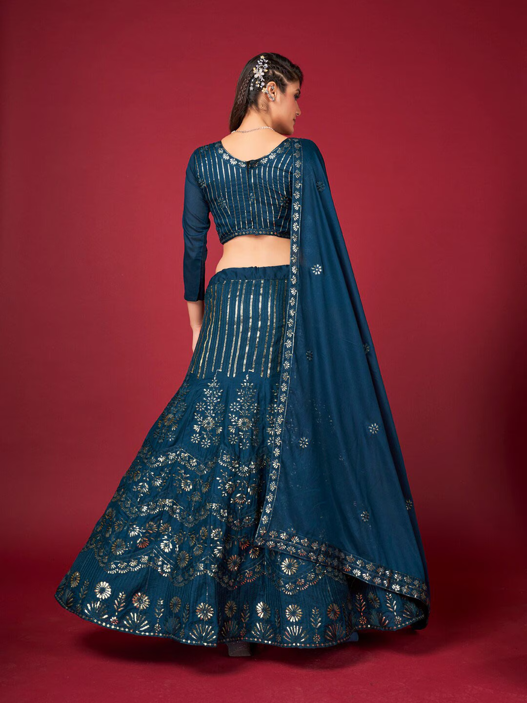 Blue & Gold-Toned Embroidered Sequinned Lehenga & Blouse With Dupatta