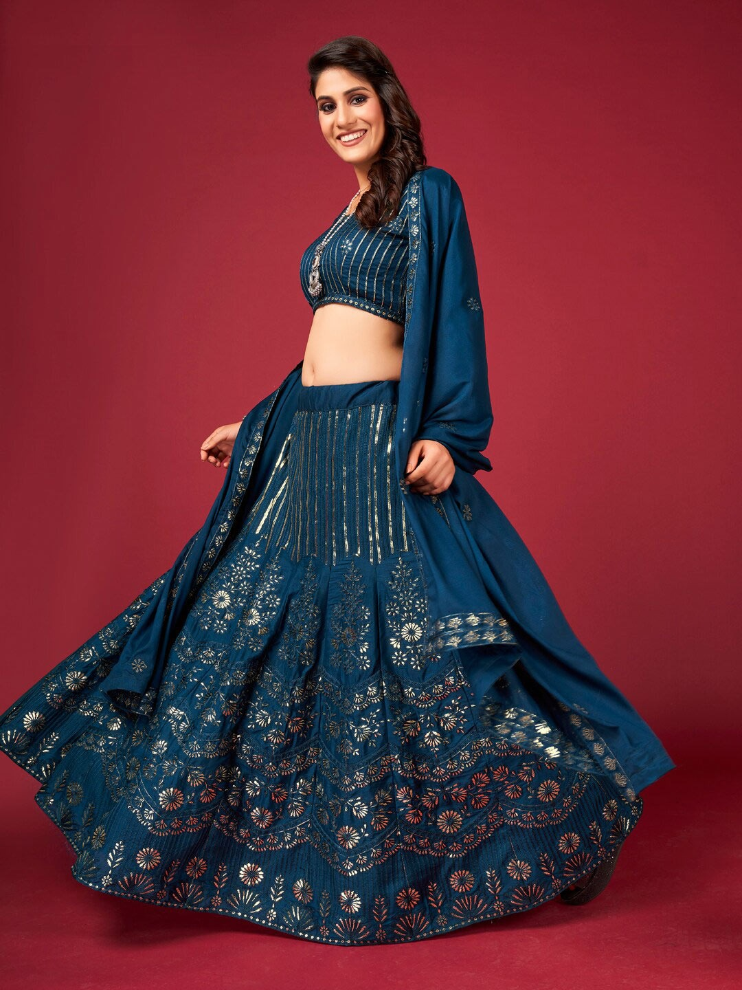 Blue & Gold-Toned Embroidered Sequinned Lehenga & Blouse With Dupatta