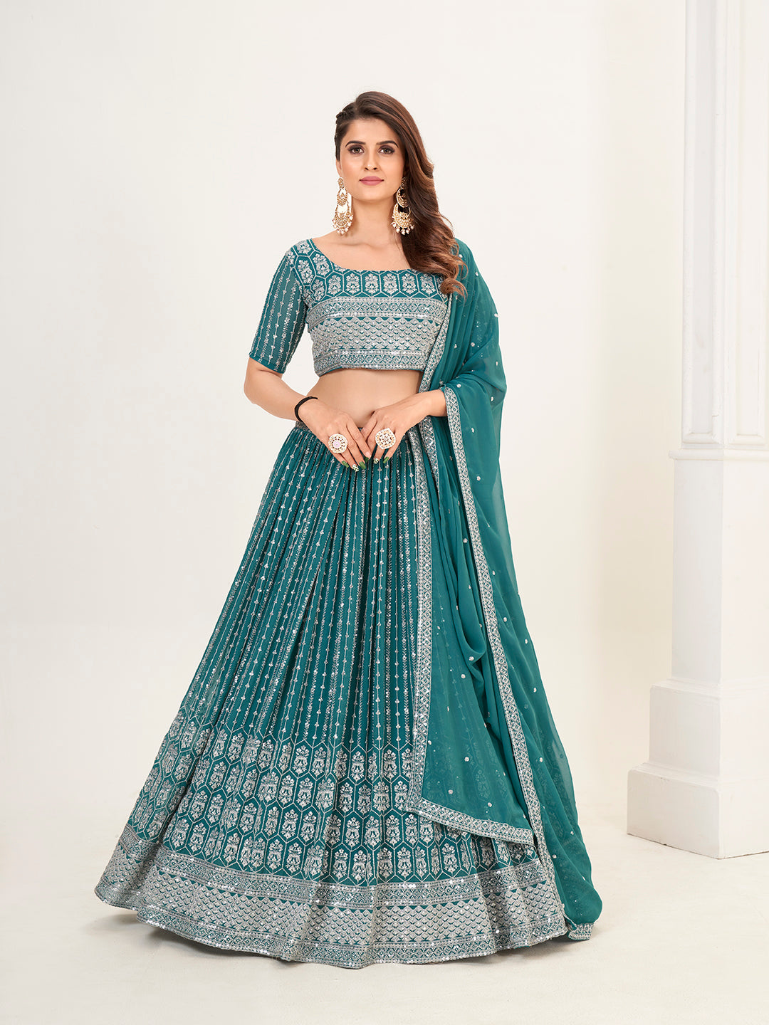 Teal Georgette Embroidered Wedding Lehenga Choli