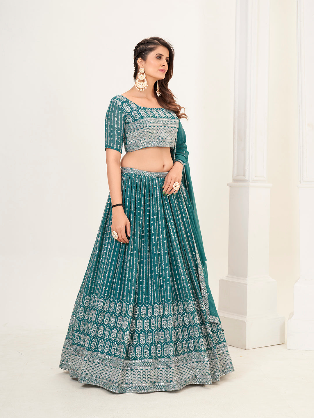 Teal Georgette Embroidered Wedding Lehenga Choli