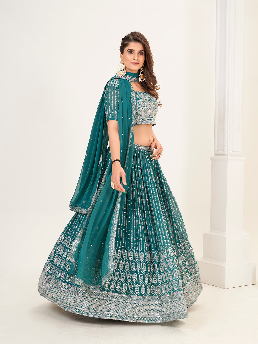 Teal Georgette Embroidered Wedding Lehenga Choli