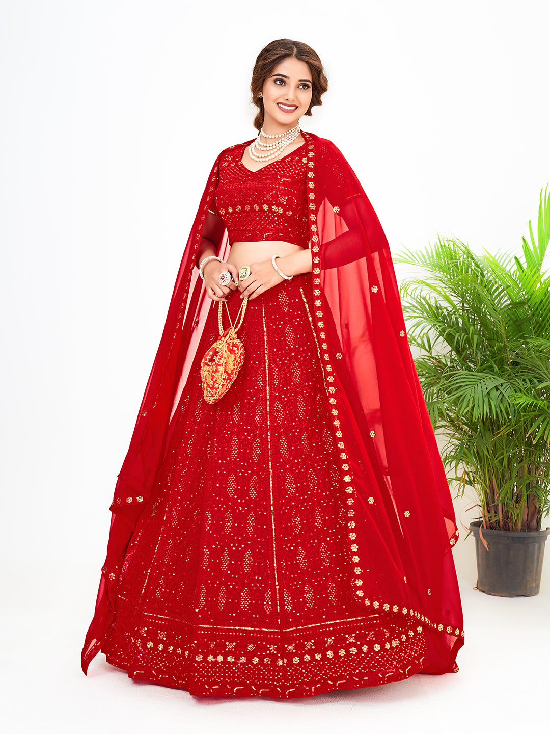 Red Georgette Embroidered Bridal Special Lehenga Choli