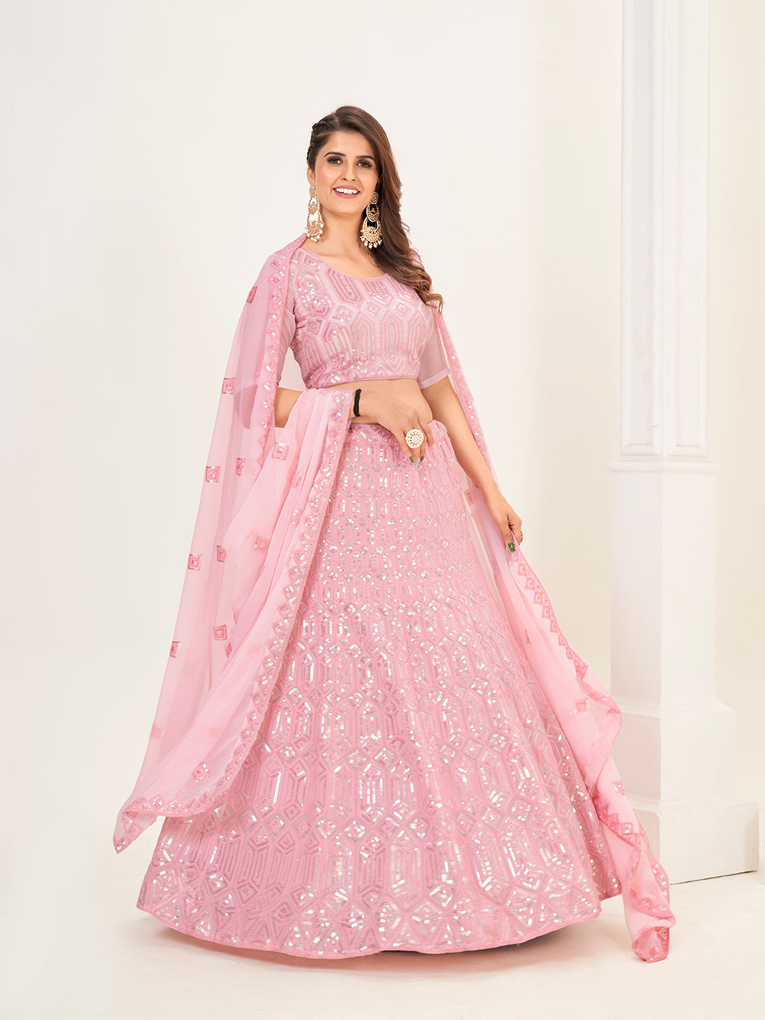 Light Pink Georgette Embroidered Wedding Lehenga Choli