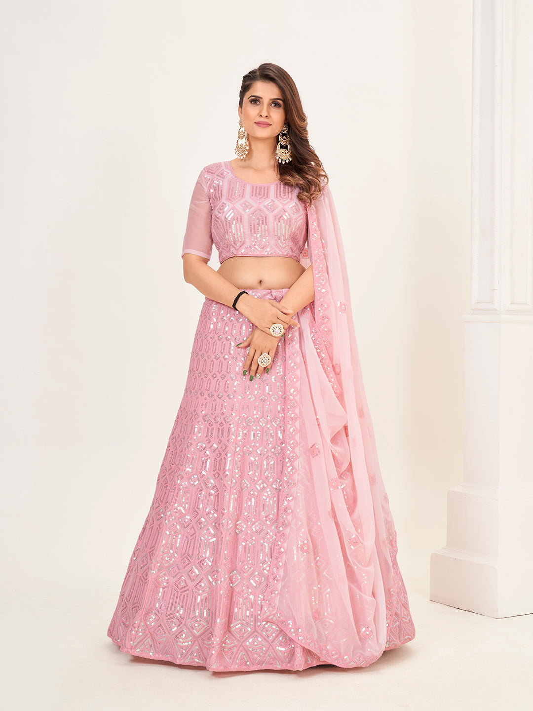 Light Pink Georgette Embroidered Wedding Lehenga Choli