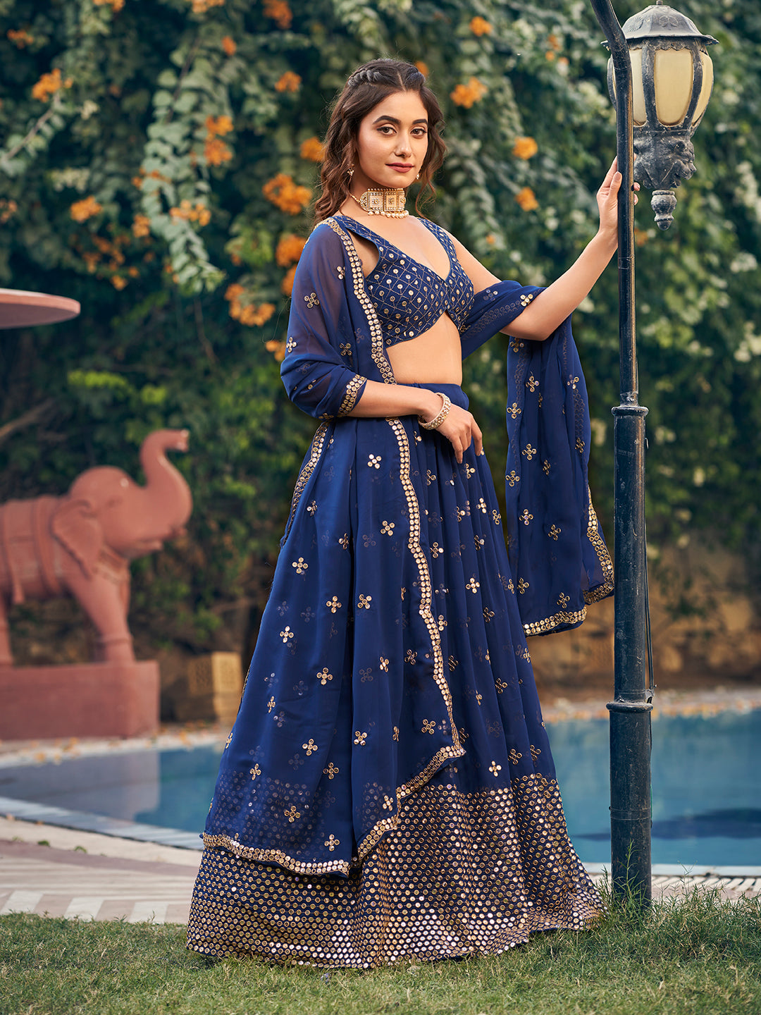 Blue Designer Georgette Wedding Lehenga Choli