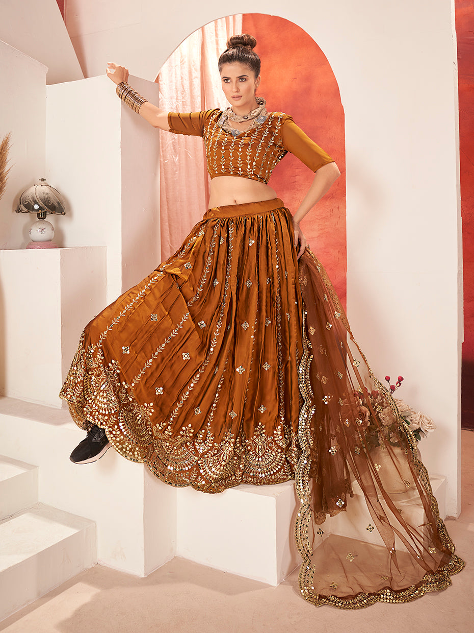 Brown Gold Embroidered Wedding Silk Lehenga Choli