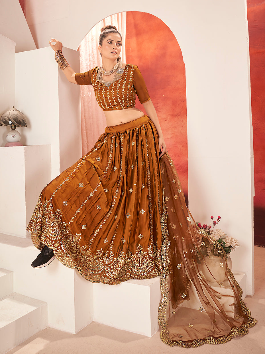 Brown Gold Embroidered Wedding Silk Lehenga Choli