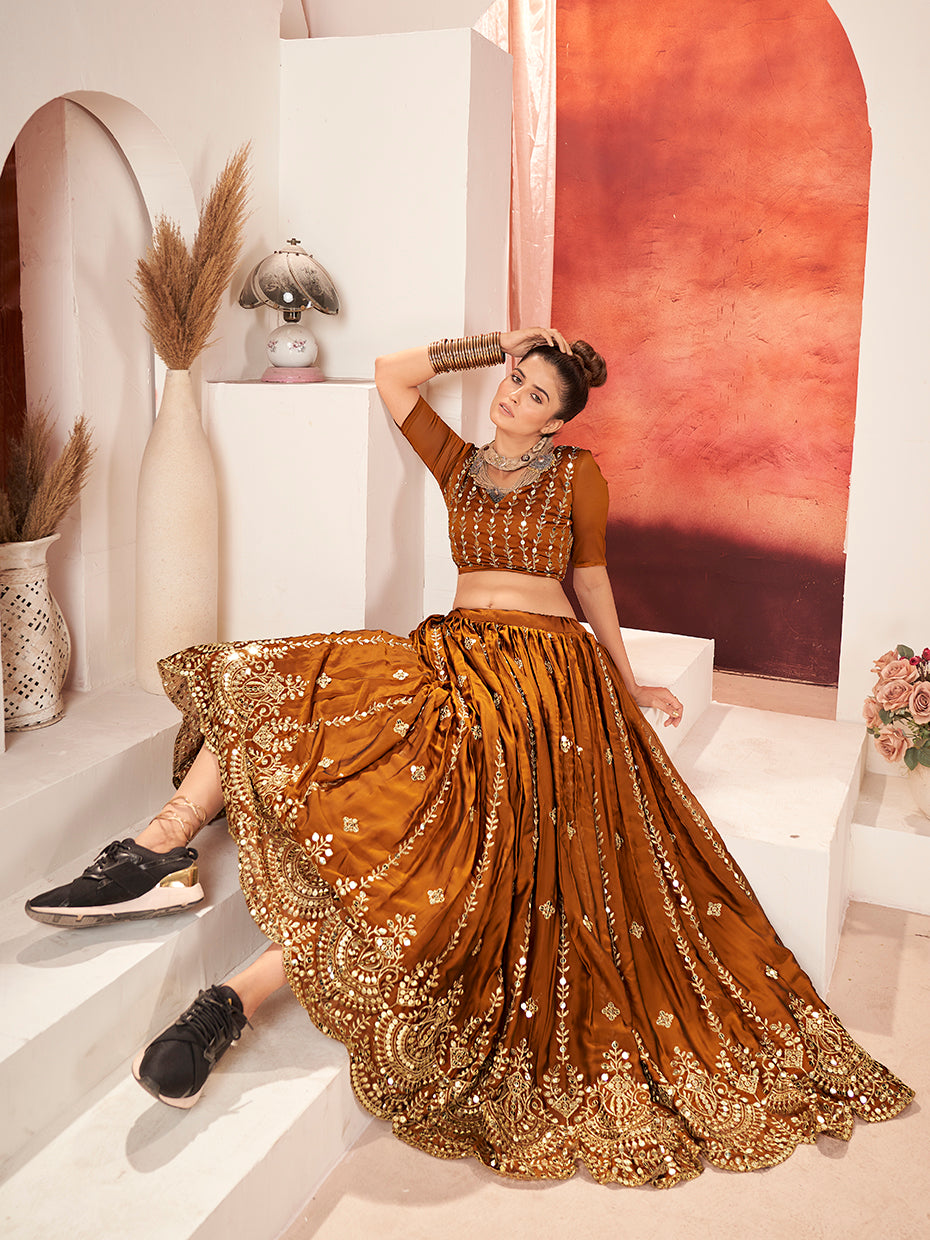 Brown Gold Embroidered Wedding Silk Lehenga Choli