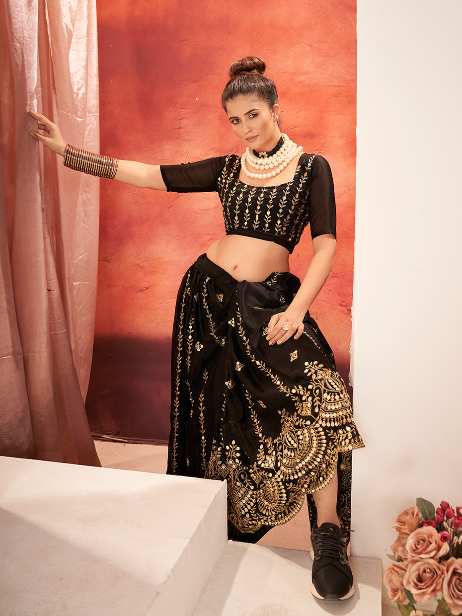 Black Gold Embroidered Wedding Silk Lehenga Choli